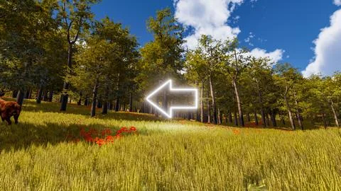 3D wallpaper with forest environment with left arrow, trees and vegetation Illustrazione stock