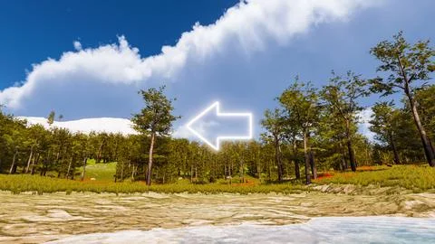 3D wallpaper with forest environment with left arrow, trees and vegetation Stock Illustration