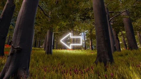3D wallpaper with forest environment with left arrow, trees and vegetation Ilustración de archivo