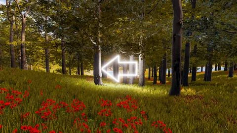 3D wallpaper with forest environment with left arrow, trees and vegetation Stock Illustration