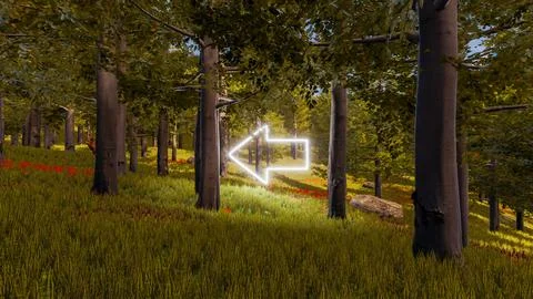 3D wallpaper with forest environment with left arrow, trees and vegetation Ilustración de archivo