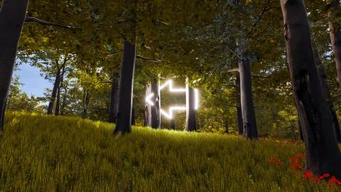 3D wallpaper with forest environment with left arrow, trees and vegetation 스톡 일러스트