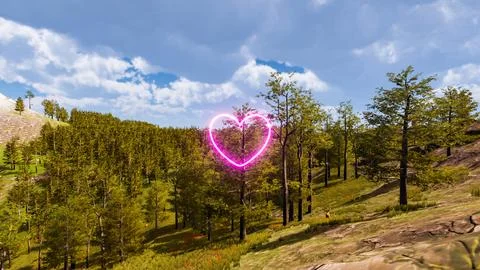 3D wallpaper with forest environment with pink heart, trees and vegetation Ilustración de archivo