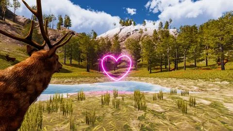 3D wallpaper with forest environment with pink heart, trees and vegetation Stock Illustration
