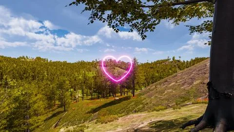 3D wallpaper with forest environment with pink heart, trees and vegetation 库存插图
