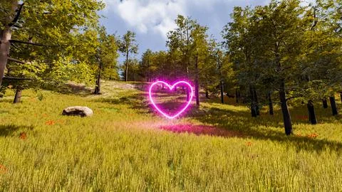 3D wallpaper with forest environment with pink heart, trees and vegetation 스톡 일러스트