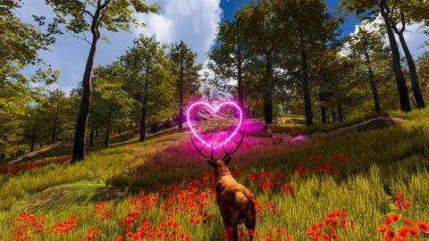 3D wallpaper with forest environment with pink heart, trees and vegetation Stock Illustration