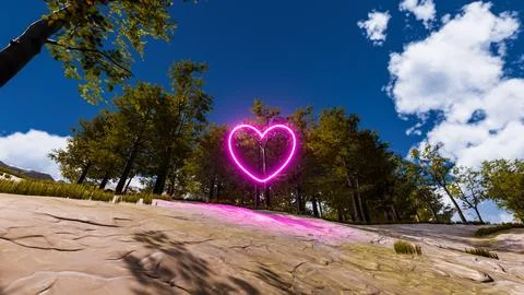 3D wallpaper with forest environment with pink heart, trees and vegetation 库存插图