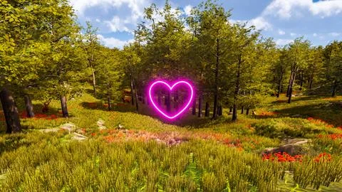 3D wallpaper with forest environment with pink heart, trees and vegetation Ilustración de archivo