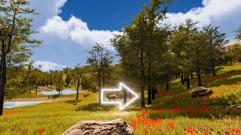 3D wallpaper with forest environment with right arrow, trees and vegetation Stock Illustration