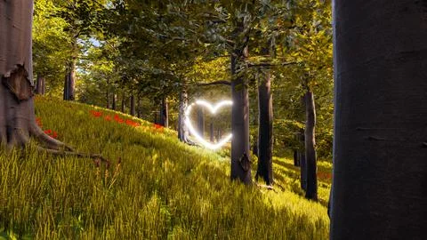 3D wallpaper with forest environment with white heart, trees and vegetation Stock Illustration