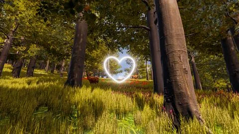 3D wallpaper with forest environment with white heart, trees and vegetation Stock Illustration