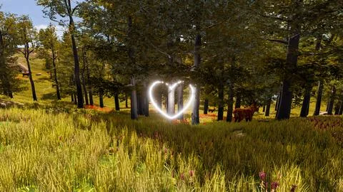 3D wallpaper with forest environment with white heart, trees and vegetation Stock Illustration
