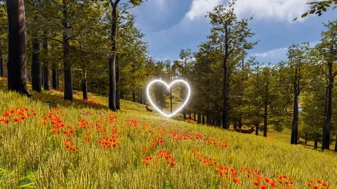 3D wallpaper with forest environment with white heart, trees and vegetation 库存插图