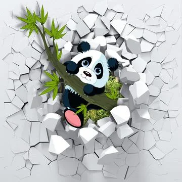 3d wallpaper, panda peeping from a broken wall. Stock Illustration