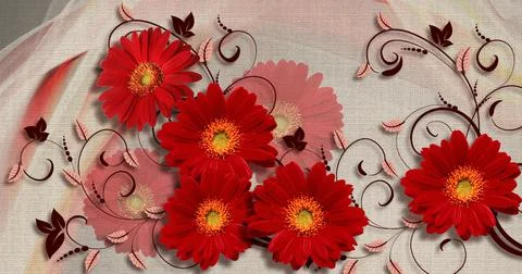 3d wallpaper texture, gerbera on fabric canvas texture Stock Illustration