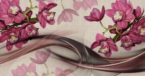 3d wallpaper texture, orchids on fabric canvas texture Stock Illustration