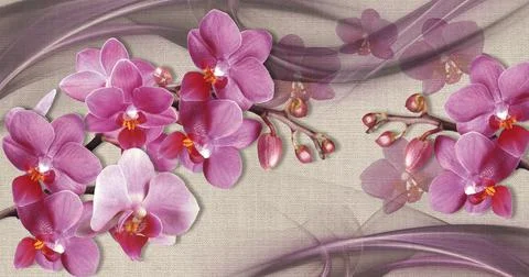 3d wallpaper texture, pink orchids on fabric canvas texture Stock Illustration