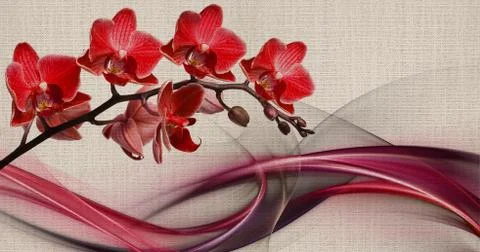 3d wallpaper texture, red orchids on fabric canvas texture Stock Illustration