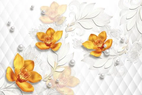 3d wallpaper texture, yellow orchids, pearls on white abstract background Stock Illustration