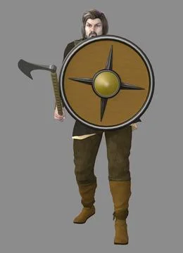 3D Warrior with Axe and Shield Stock Illustration