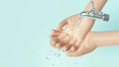 3d washing two hands under the water tap isolated on blue background. hands h Stock Footage 212380462