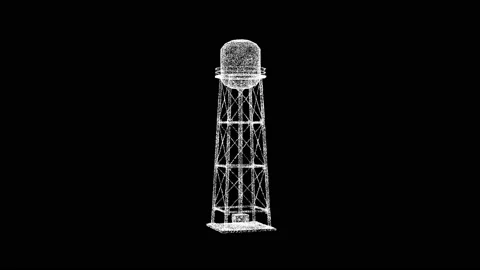 3D water tower rotates on black bg. Object dissolved white flickering particles Video stock 235945508