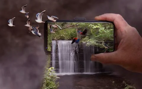 3D Waterfall &amp; Phone Stock Photos