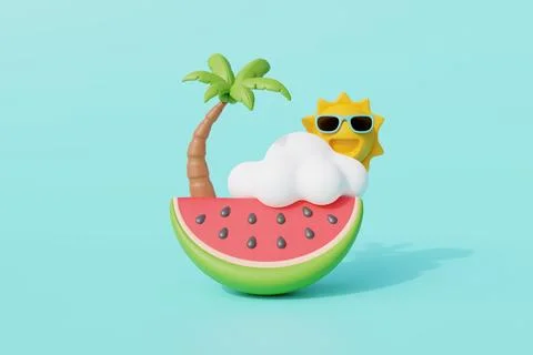 3d Watermelon with coconut tree, sun and clound, Summer tropical beach on a.. Stock Illustration