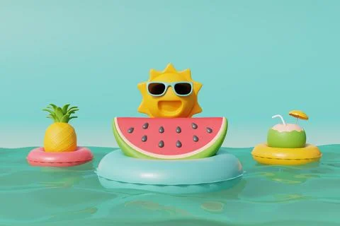 3d Watermelon, pineapple, coconut with inflatable ring floating in the sea,.. Stock Illustration