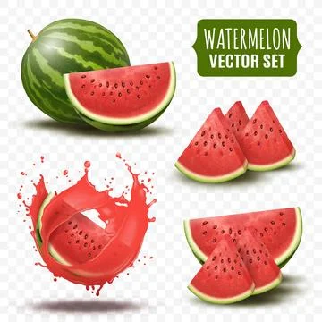 3d watermelon. Water melon slice and whole, summer red juice food, natural berry Stock Illustration