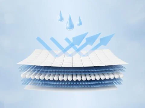 3d waterproof fabric fiber structure with water drops and blue arrows, layered Stock Illustration