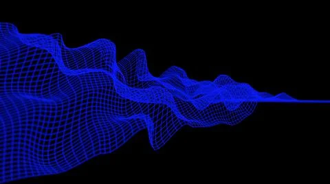 3d waves data abstract background. Digital blue grid network on an empty black Illustrazione stock