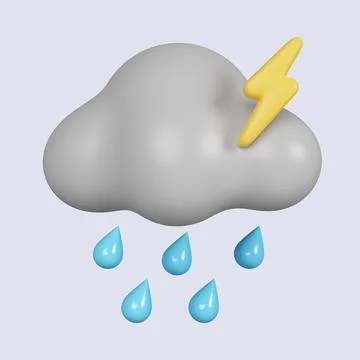 3d weather. cloud and rain with yellow glowing lightning bolt. icon isolated on Stock Illustration