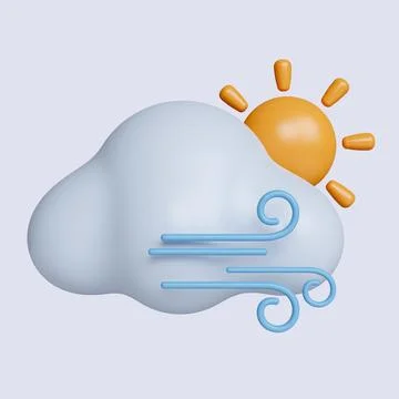 3d weather. cloud with wind and sun. icon isolated on gray background. 3d Stockillustratie
