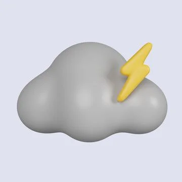 3d weather. cloud with yellow glowing lightning bolt. icon isolated on gray Stock Illustration