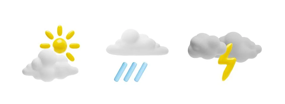 3D weather elements vector icon set, white render clouds with glowing lightning Illustrazione stock