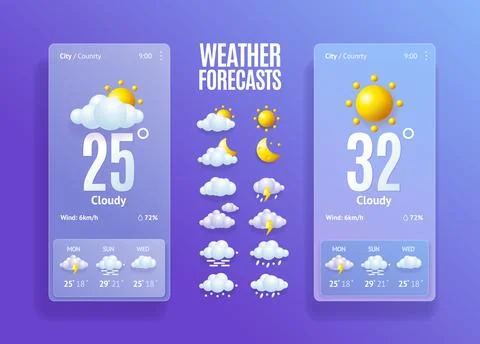 3d Weather Forecast App Template Set Plasticine Cartoon Style. Vector 스톡 일러스트