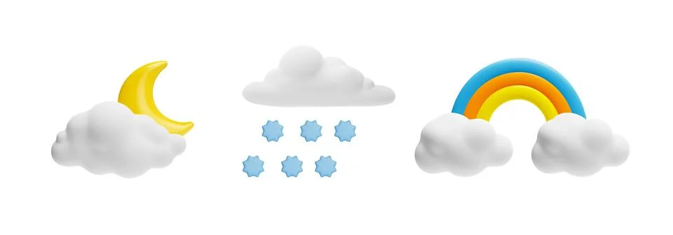 3D weather forecast vector icon set, cartoon moon, rainbow, snowflakes and 库存插图
