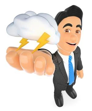 3D Weather man with cloud and lightning. Thunderstorm day Stock Illustration
