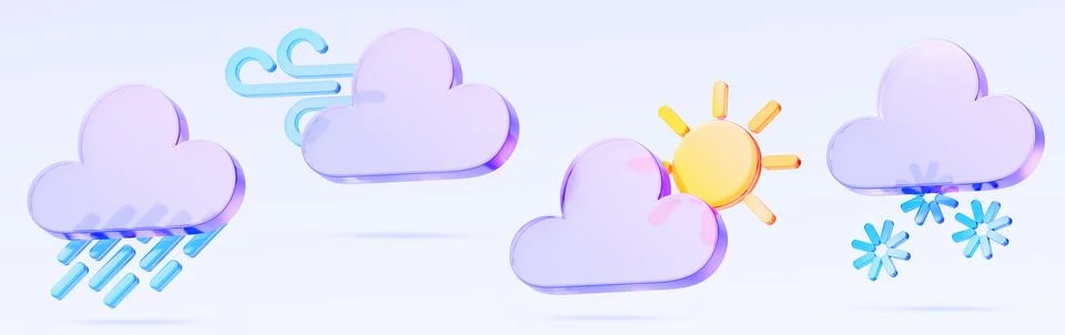 3d weather render icon set. Glass holographic clouds with sun, rain drops, wind Stock Illustration