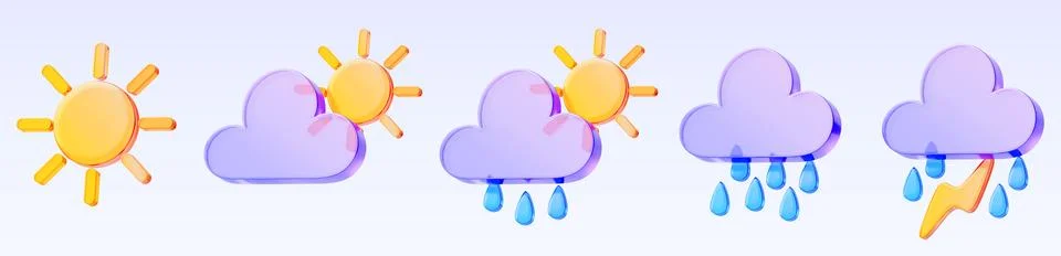 3d weather render icon set. Glass holographic clouds with sun, rain drops Illustrazione stock