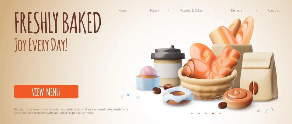 A 3D web banner featuring fresh baked goods, coffee, and a paper bag. Stock Illustration