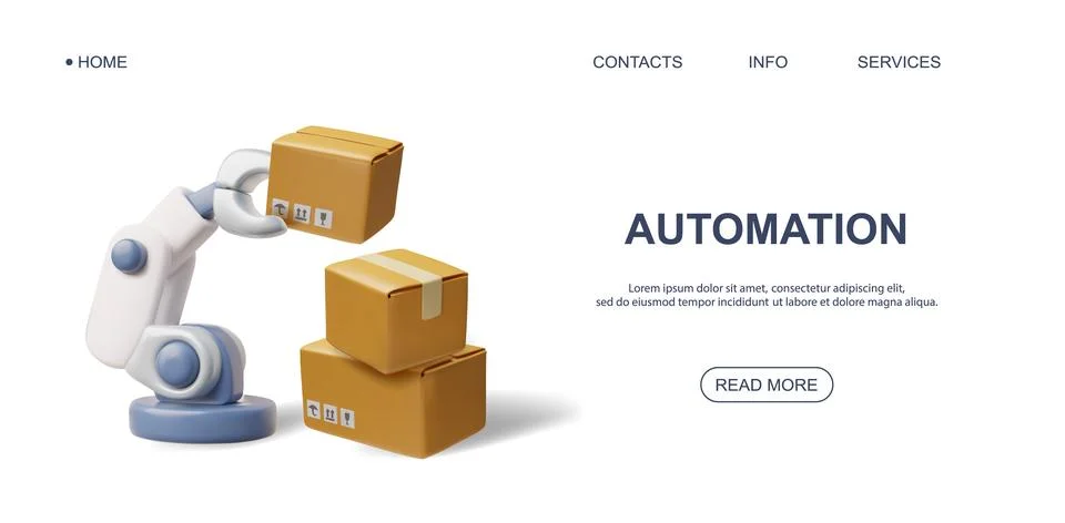 A 3D website banner featuring a robotic arm handling boxes. Stock Illustration
