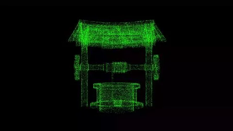 3D well on black bg. Object dissolved green flickering particles. Business .. Stockillustratie