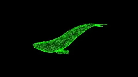 3D whale on black bg. Object dissolved green flickering particles. Business.. Ilustración de archivo