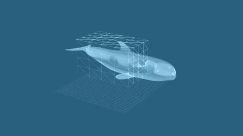 3D Whale Rendering with Digital Grid Structure Against Blue Background Vidéo 343591403