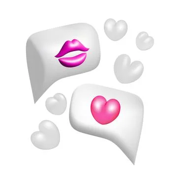 3d white and pink bubble speeches with heart, lips and clouds Stock Illustration