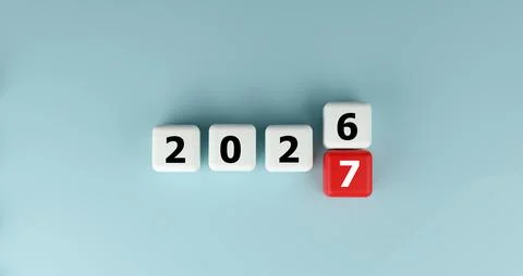 3D White and Red Cubes Transition from 2026 to 2027 Symbolizing Change and .. Stock Illustration