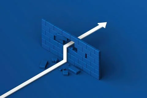 3D white arrow breaking through blue brick wall obstruction in isometric vi.. Stock Illustration